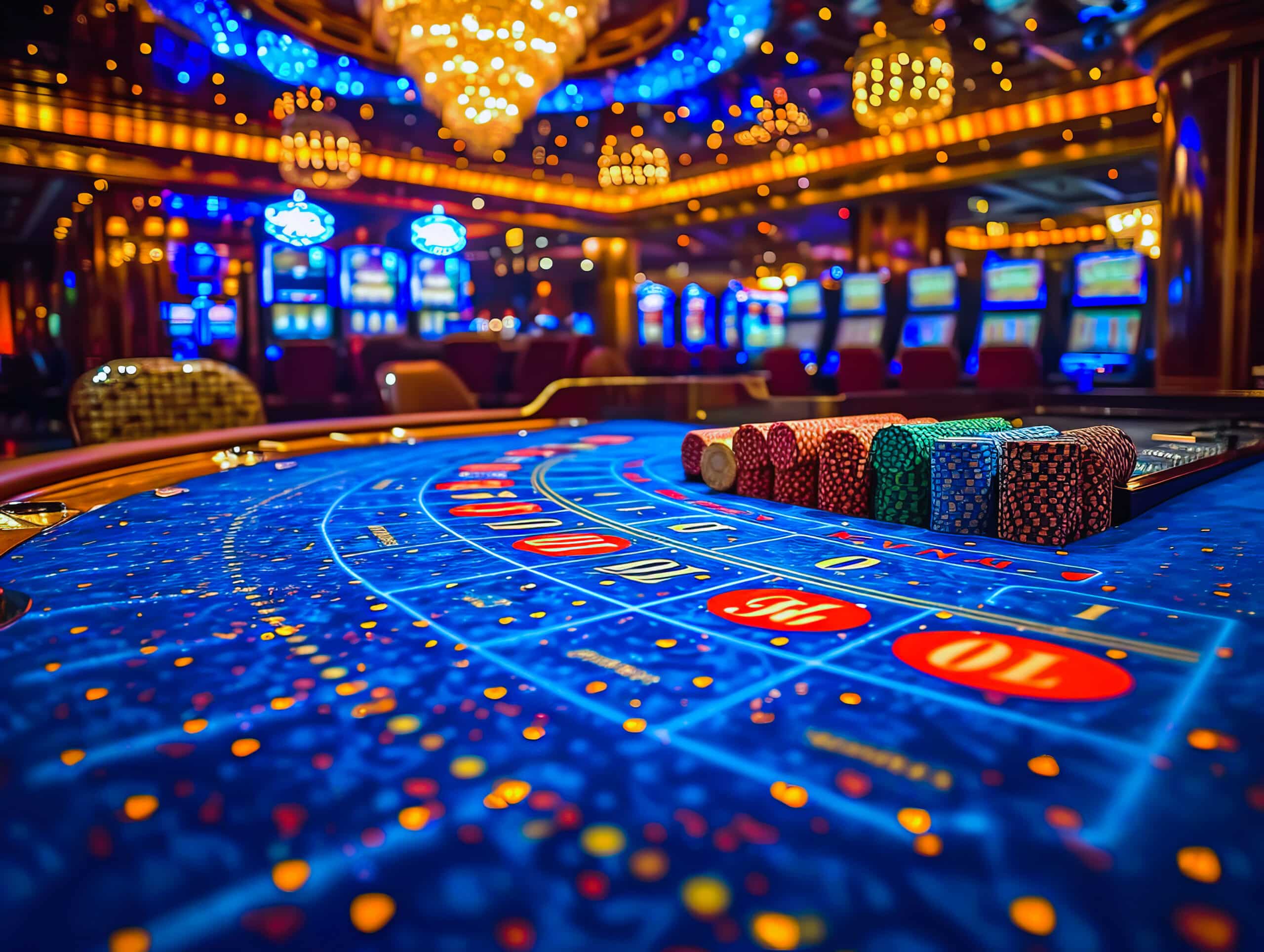 Gambling Edge: Casino Gaming Tables in the Glow of Bright Lights. AI-generated.